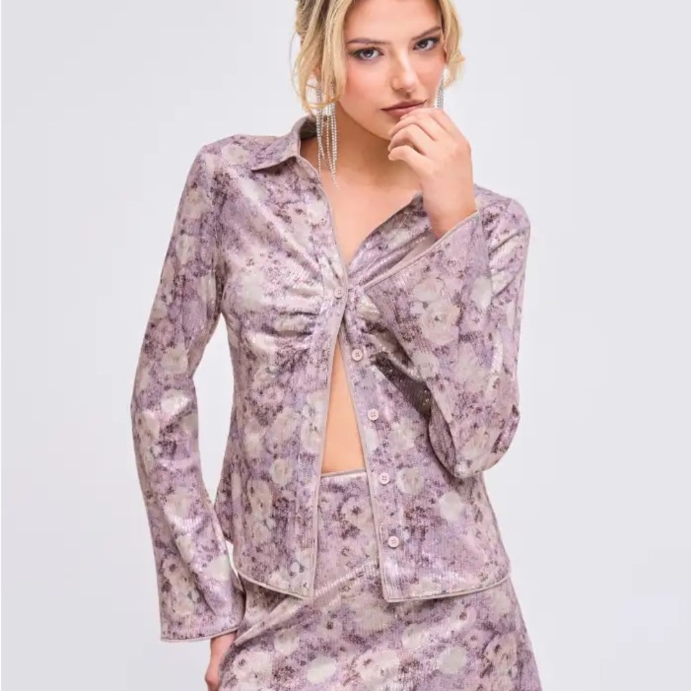 Cider Y2K Sequin Floral Pink Button-Up Blouse with Bell sleeves